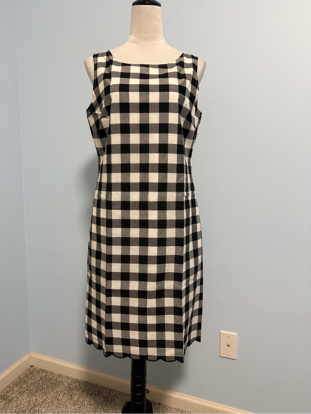 Talbots Sleeveless Side Pockets Black White Cotton Plaid Lined Dress Sz 8